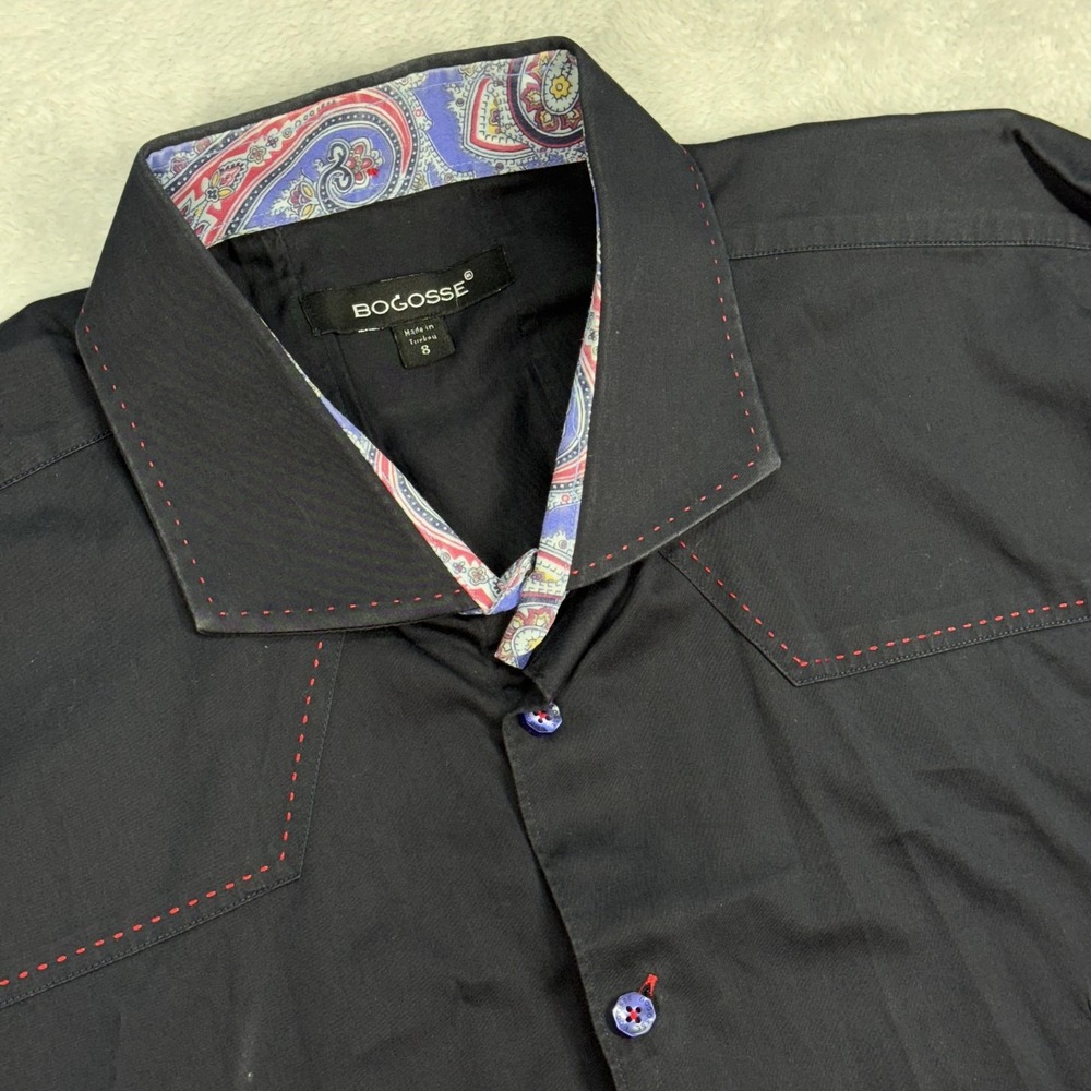 Bogosse Aramis Button Down Mens Size 8 Black Paisley Contrast Stitch Shirt